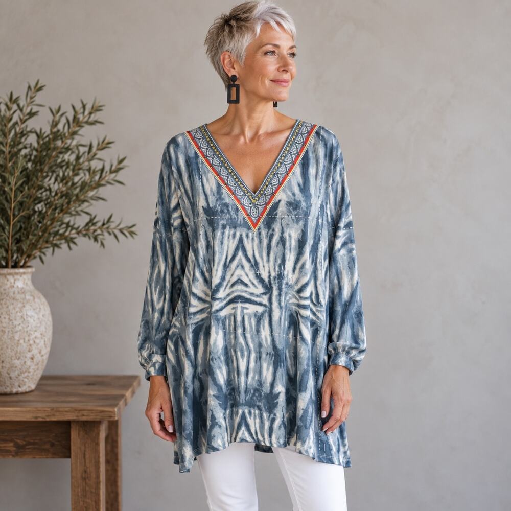 Multiples Blue White Print Embroidered V Neck Top 1X